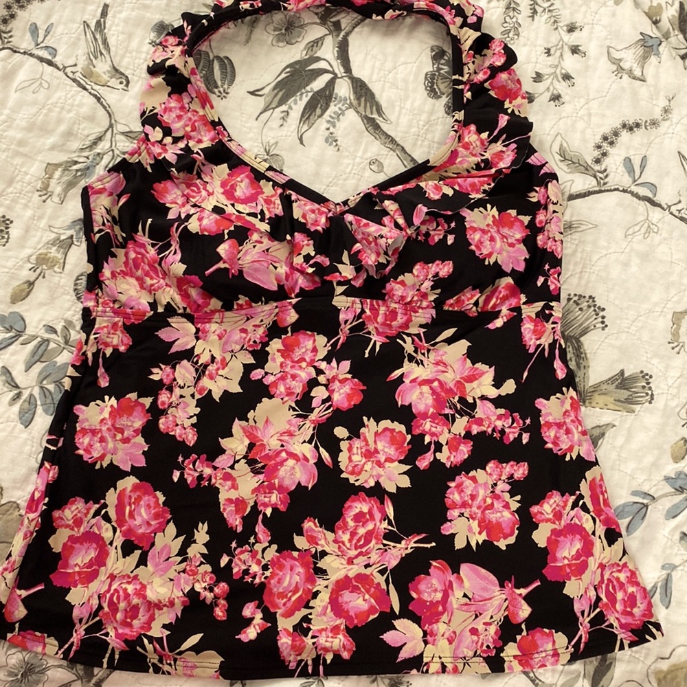 BATHING SUIT TOP-Halter top, Black Floral, tie at neck, ruffle detail in Size XL